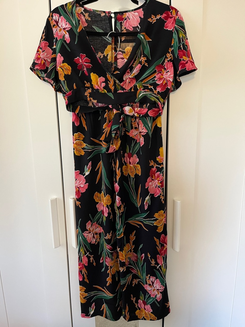 Floral Wrap Top & Pants Set in Black with Pink & Yellow Blooms